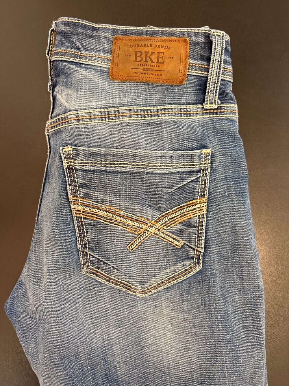 BKE Jake Durable Denim Light Blue Jeans with Brown Leather Patch
